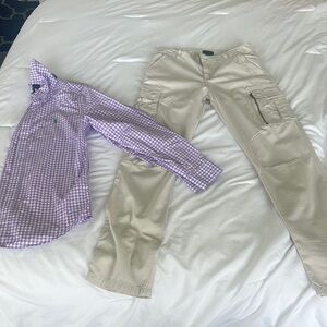 Purple Checkered Shirt and Beige Cargo Pants